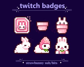 Cute Strawbunny Subscriber Badges for Twitch streaming | Pixel Rabbit Strawberry Bunny Bit Badges (6)
