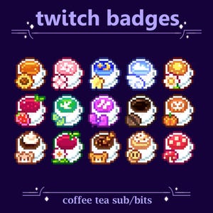 Puede incluir: Un conjunto de 12 insignias de Twitch en pixel art que representan diferentes tazas de café y té con diferentes ingredientes y diseños. El texto "twitch badges" y "coffee tea sub/bits" se muestra en la parte superior e inferior de la imagen.