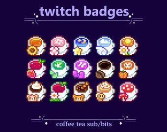 Coffee Tea Sub/Bit Badges | Cute Cups | Espresso Coffeebean, Tea Strawberry, Matcha, Bear, Fantasy themed Stream Badges
