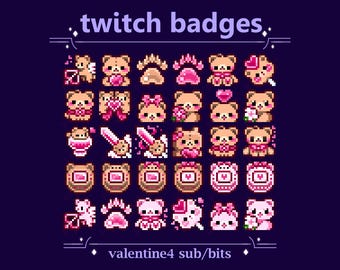 Valentine Love Hearts Bear Sub/Bit Badges for Stream | Brown, Pink, Red, Kawaii Teddy with Bows, Wings, Paw and Emote (89 badges, 1 Emote)