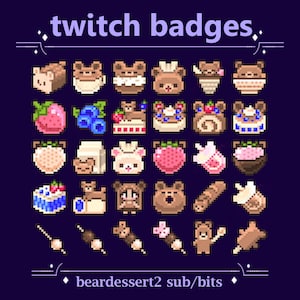 Söta björnkafé dessert-submärken för Twitch-streaming | Pixel Teddy-bröd, drycker och bakverk och godsaker bitmärken