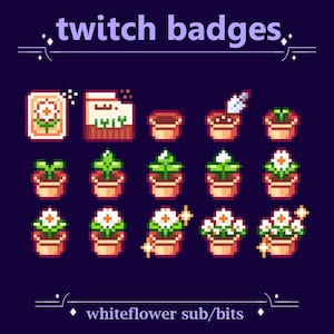 Pode incluir: Um conjunto de 12 emblemas Twitch que mostram uma flor branca crescendo em um vaso. Os emblemas mostram a flor em diferentes estágios de crescimento, de um pacote de sementes a uma flor totalmente desabrochada. Os emblemas são projetados em um estilo de pixel art e são perfeitos para usar no Twitch.
