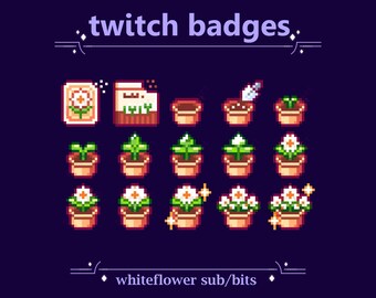 White Flower Daisy Sub/Bit Badges für Twitch | Niedliche Pixel Pflanze Blume im Blumentopf Buttons