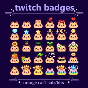 Distintivi gattino tigrato zenzero con cappelli a forma di fiore, stelle, cuori, corona per streaming Twitch / Distintivi gatto rosso arancione kawaii, Pixel Bits (95)