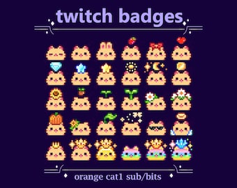 Ginger Kitten Sub Badges with Flower Hats, Stars, Hearts, Crown for Twitch stream | Kawaii Orange Red Cat, Pixel Bits Badges (95)