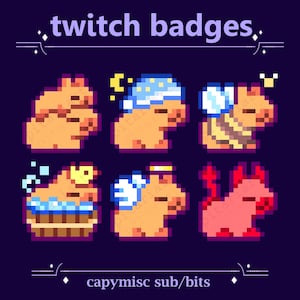 Puede incluir: Un conjunto de nueve insignias de Twitch con capibaras de arte de píxeles en varias poses y atuendos. Las insignias incluyen un capibara con gorro de dormir, un capibara con alas de ángel, un capybara tomando un baño y un capibara con cuernos de diablo. El texto "twitch badges" y "capymisc sub/bits" también está incluido en la imagen.