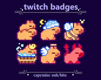 May include: A set of nine Twitch badges featuring pixel art capybaras in various poses and outfits. The badges include a capybara wearing a nightcap, a capybara with angel wings, a capybara taking a bath, and a capybara with devil horns. The text "twitch badges" and "capymisc sub/bits" is also included in the image.