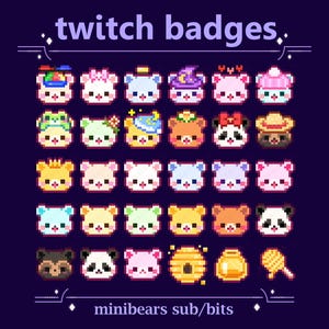 Könnte beinhalten: Ein Raster mit 30 bunten Pixel-Art-Abzeichen mit verschiedenen Tieren, darunter Bären, Pandas, Frösche und eine Biene. Die Abzeichen sind mit "twitch badges" und "minibeares sub/bits" beschriftet.