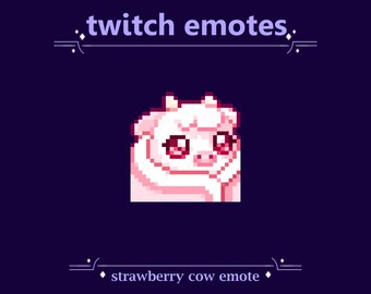 May include: A pink pixelated cow with big eyes and a pink nose. The cow is looking to the left. The text "twitch emotes" is above the cow and the text "strawberry cow emote" is below the cow.