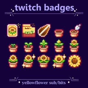 Żółty kwiat słonecznika Sub/Bit odznaki do strumieniowania Twitch | Cute Pixel Plant Growth Flower in Flower Pot odznaki