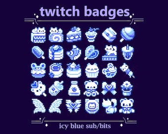 Icy Blue Desserts, Cat & Bear Sub bit Badges for Streaming | Sweet and Pretty light Blue Treats and Stars, Wings, Hearts, Lollipop, Icecream