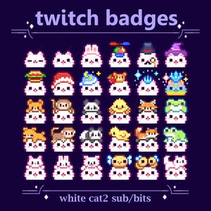 Witte kat met hoeden, subbadges dieren voor Twitch-stream | Leuke katjespixelkatbadges (64)