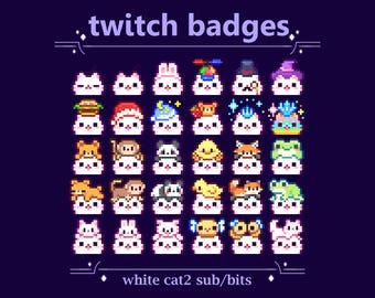 Weiße Kitty mit Hüten, Tiere Sub Badges für Twitch | Niedliches Kätzchen Pixel Katze Bit Badges (64)