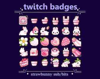 Strawberry Bunny Twitch Sub Badges for Streaming | Pixel Rabbit Strawbunny Bit Badges