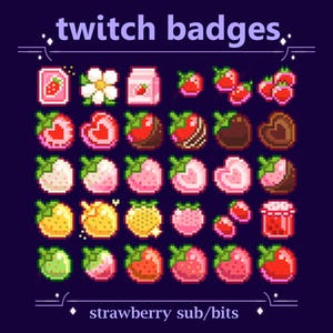 Sweet Strawberry Bit/Sub Pixel Twitch Badges | Simple colorful Strawberry Stream Loyalty Badges