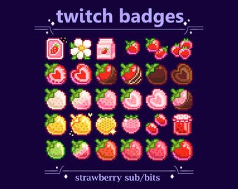 Sweet Strawberry Bit/Sub Pixel Twitch Badges | Simple colorful Strawberry Stream Loyalty Badges