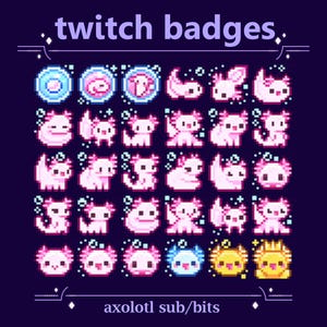 Insignias de suscripción de Twitch de Axolotl Kawaii para streaming / Insignias de bits de Axolotl Pixel Pink (45+48)