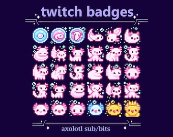 Kawaii Axolotl Twitch Sub Badges for Streaming | Pixel Pink Axolotl Bit Badges (45+48)