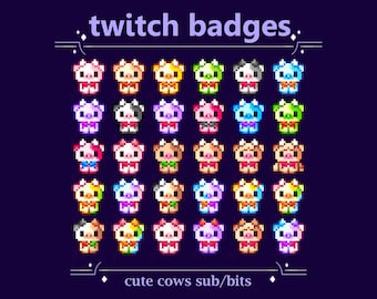 Kawaii Cows Twitch Sub/Bit Badges for Streaming | Pixel Colorful Pastel Blue Pink Brown White Black Calf Stream Badges (46)