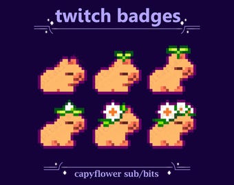 Capybara Sub/Bit Badges for Twitch streaming | Cute Pixel Plant Growth Sapling Flower on Capybara Gnawer Animal