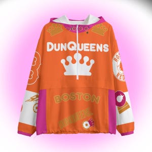May include: Orange and pink hooded jacket with the text "Dunqueens" and a crown logo. The jacket also has the text "Boston" and a donut graphic.