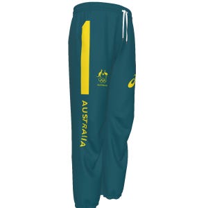 Könnte beinhalten: Tealblaue Jogginghose mit einem gelben Streifen an der Seite und dem vertikal gedruckten Wort "AUSTRALIA". Die Hose hat ein Känguru und das Logo der Olympischen Ringe am linken Bein.