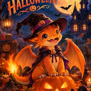 May include: An orange dragon wearing a purple witch hat and cape sits atop a glowing jack-o'-lantern. The scene features a full moon, a dark castle, bats, and lanterns. The text "HAPPY HALLOWEEN" is displayed in orange at the top.