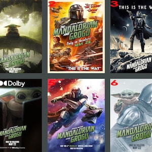 Könnte beinhalten: Sechs Filmplakate für "The Mandalorian and Grogu" werden gezeigt. Die Plakate zeigen Charaktere aus dem Star Wars-Franchise, darunter der Mandalorianer und Grogu, mit dem Text "Only in Theaters May 22."