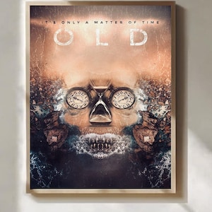 Könnte beinhalten: Gerahmter Kunstdruck mit einem Schädel-Design, das eine Sanduhr und Zifferblätter integriert. Der Text lautet "IT'S ONLY A MATTER OF TIME" und "OLD". Die Farbpalette umfasst Braun-, Beige- und Weißtöne.