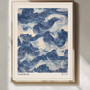 Japanese Blue Waves Wall Art Vintage Oriental Japandi Wabi Sabi Poster