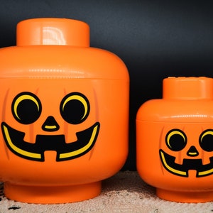 Jack-o'-lantern Head Container, Halloween Lego Head, Lego Canister