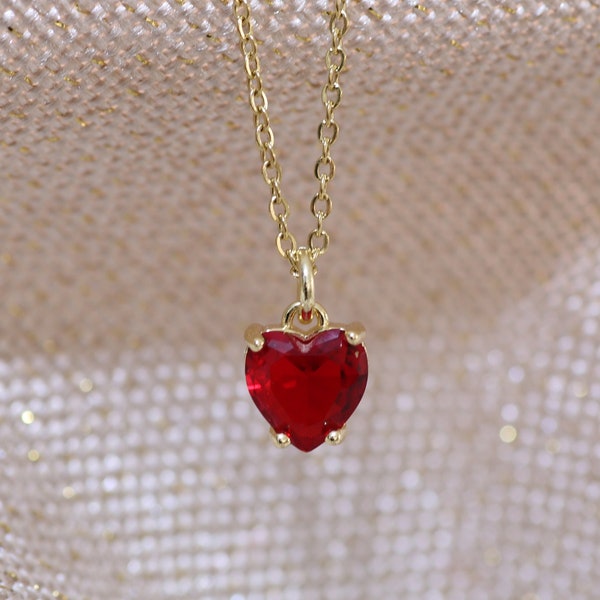 Red ruby necklace , red gold heart necklace , red heart choker , ruby heart necklace , tiny heart necklace - gift for her , love necklace