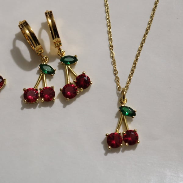 pink cherry crystal charm necklace earring set -18k Gold filled- red green stud- Cherry Pendant necklace - Minimalistic -Dainty - Layering -