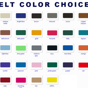May include: A color chart displaying a variety of felt color options. The chart includes rectangular swatches in shades such as antique white, bright blue, brown, charcoal, cocoa, copper canyon, dark brown, dark green, gold, hot pink, kelly, lagoon, light blue, lime green, medium gray, navy, neon blue, orange, orchid, peacock, pink, pirate green, purple, red, ruby, shocking pink, tan, and yellow.