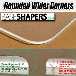 May include: Image showcasing a product's rounded corners, with the text "Rounded Wider Corners" at the top and "BASESHAPERS.COM" below. The lower section compares rounded and sharp corners, with text indicating the benefits of rounded edges.