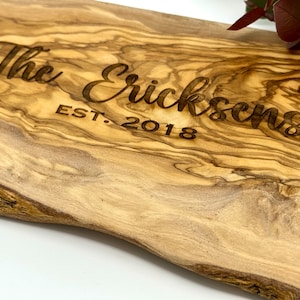 Personalized Custom Wood Cutting Board, Live Edge Cutting Board, 5 year anniversary, Olive Wood Charcuterie Board, Custom Wedding Gift,