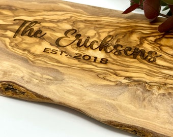 Personalized Custom Wood Cutting Board, Live Edge Cutting Board, 5 year anniversary, Olive Wood Charcuterie Board, Custom Wedding Gift,