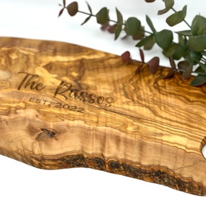 Large Personalized Custom Wood Cutting Board, Live Edge Cutting Board, 5 year anniversary, Olivewood Charcuterie Board, Custom Wedding Gift,