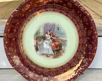 Vintage Romantic 12" Cabinet Plate Bavaria Royal Wedding Lohengrin Elsa Burgundy Gold