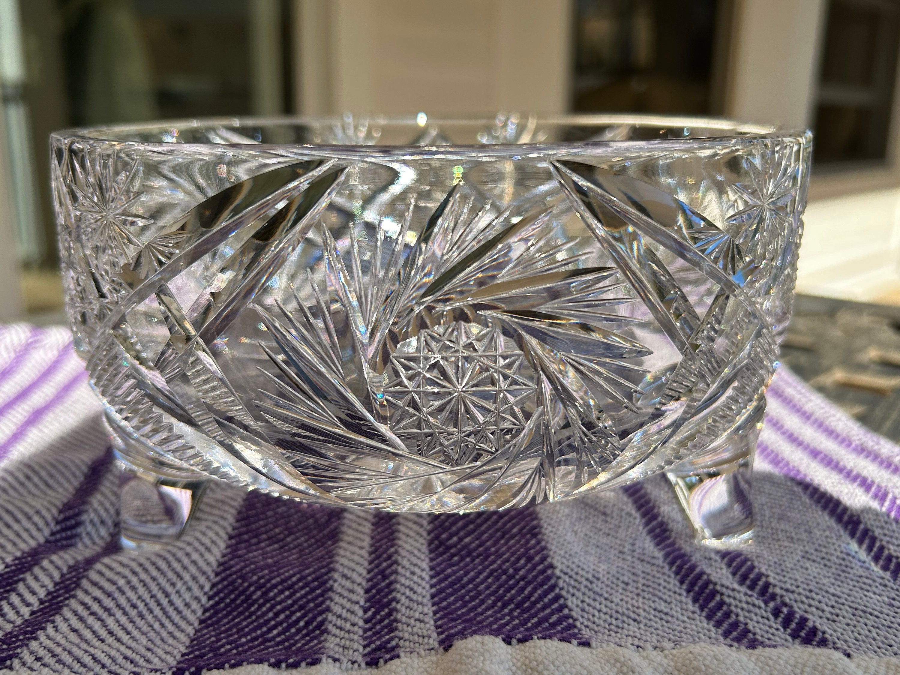 Vintage Cut Crystal Glass Round 3-footed Bowl Hobstar