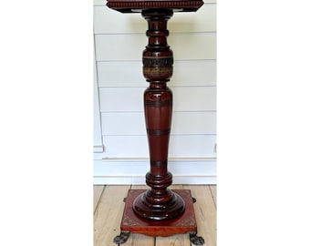 Rare! Antique Victorian Mahogany Column Pedestal STAND:  Lion Feet, Flowers, 1800s, Merklen Brothers