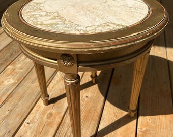 Vintage Regency Small Round Louis XVI Marble Top Side TABLE Giltwood French