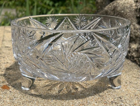 Vintage Cut Crystal Glass Round 3-footed Bowl Hobstar