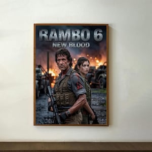 Könnte beinhalten: Ein gerahmtes Filmplakat für "Rambo 6: New Blood" mit zwei Charakteren in Militäruniform, einer mit einem Gewehr. Der Hintergrund zeigt eine Kriegsszene mit Explosionen und Fahrzeugen. Das Poster ist in einem Holzrahmen.