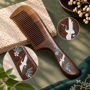 May include: A dark brown wooden hair comb featuring an inlaid design of white cranes, green bamboo leaves, and small white flowers on the handle. The comb has a series of fine teeth and a smooth, curved handle with detailed decorative inlays.