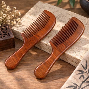 May include: Two polished wooden combs with smooth, rounded handles and fine teeth. The combs feature a rich, reddish-brown wood grain pattern throughout the entire surface, showcasing a natural finish with a curved design for a comfortable grip.
