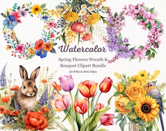 Spring Watercolor Flower Clipart Bundle, Wreaths & Bouquets (PNG, SVG)