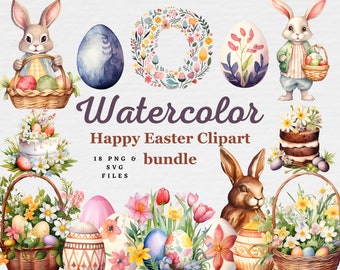 Op de afbeelding: Waterverf clipartbundel met paaseieren, konijnen en bloemkransen. De tekst "Watercolor Happy Easter Clipart bundle 18 PNG & SVG FILES" wordt weergegeven op de afbeelding.