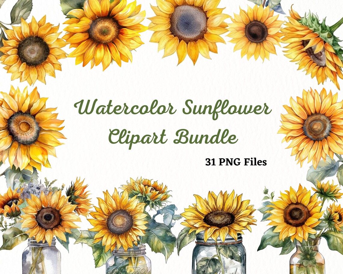 Watercolor Sunflower Clip Art Bundle, Watercolor Clipart, Floral ...