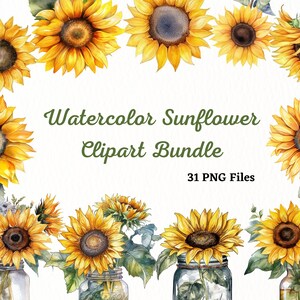 Aquarelle tournesol Clip art Bundle, Clipart aquarelle, Clipart Floral, aquarelle fleurs, PNG, fichiers SVG, Clipart été, fleur clipart